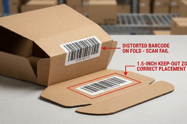 Corrugated cardboard boxes: Distorted Barcode On Fold causes Scan Fail, contrasted with 1.5-Inch Keep-Out Zone Correct Placement.