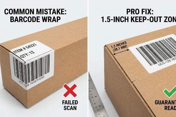 Barcode wrap Common Mistake (Failed Scan) vs. Pro Fix 1.5-Inch Keep-Out Zone (Guaranteed Read) on shipping cartons.