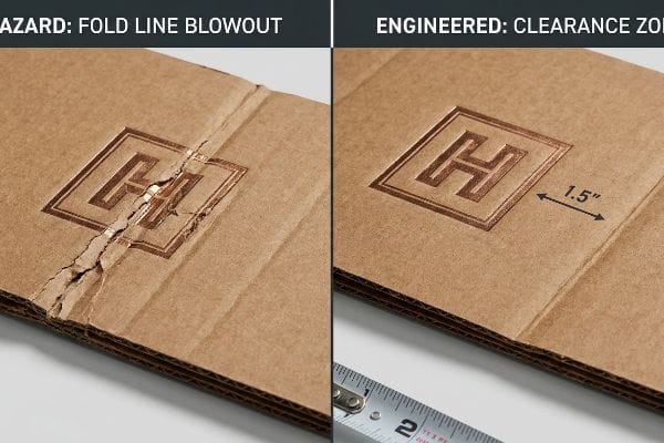 Corrugated cardboard illustrates a fold line blowout hazard on an embossed H logo, contrasted with an engineered 1.5-inch clearance zone.
