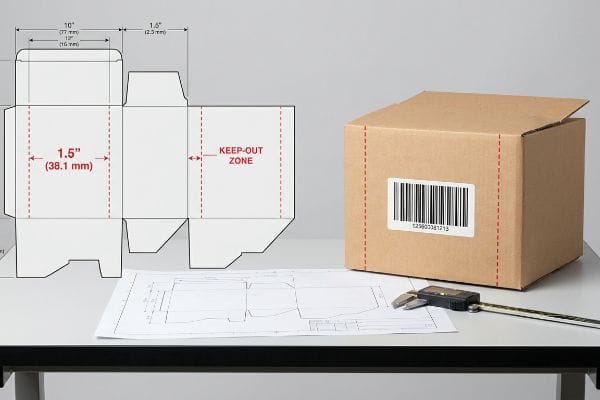 A detailed cardboard box dieline displays a 1.5