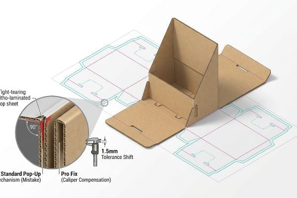 Corrugated pop-up display dieline with cross-section showing 1.5mm Caliper Compensation (Pro Fix) preventing tight-tearing litho-laminated top sheet.