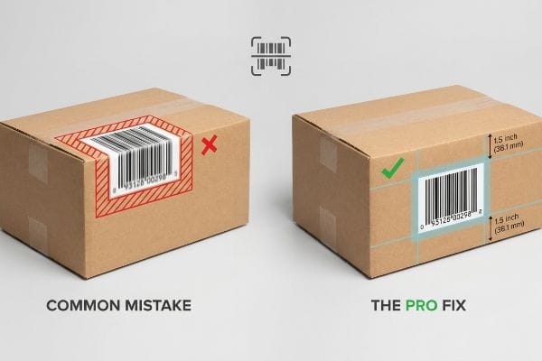 Cardboard boxes: correct barcode placement with 1.5-inch (38.1 mm) keep-out zone ('Pro Fix') vs. 'Common Mistake' near fold.