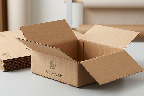 An open, empty unbleached kraft corrugated box displays a