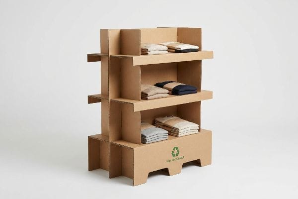 A three-tiered corrugated cardboard display rack showcases folded apparel, featuring a green recycling symbol and '100% Recyclable' text.