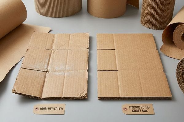 Crumpled 100% Recycled corrugated board contrasts with flat Hybrid 70/30 Kraft Mix, showing fiber integrity.