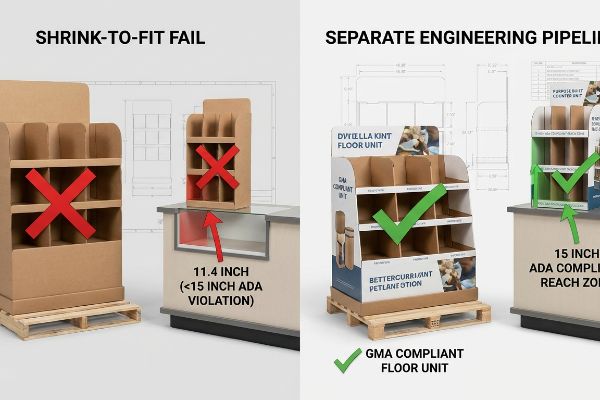 Cardboard retail displays: Shrink-to-Fit Fail (11.4-inch ADA violation) vs. GMA Compliant Floor Unit (15-inch ADA compliant).