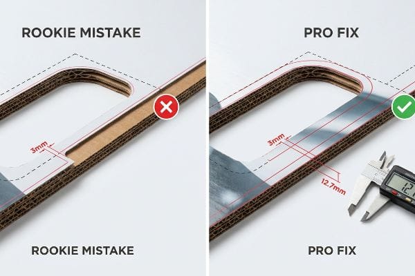 Corrugated board comparison: Rookie Mistake with 3mm bleed exposing brown edges, contrasted with Pro Fix showing a 12.7mm bleed, measured by a digital caliper, preventing flashing.