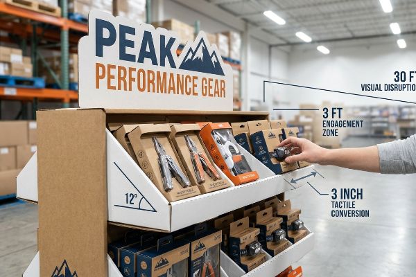 Peak Performance Gear display with 12-degree shelf tilt, demonstrating the 3-3-3 rule for retail engagement.
