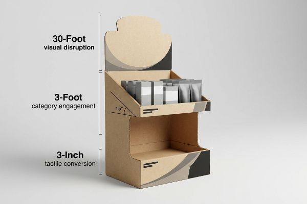 Corrugated POP display shows Rule of Three visual merchandising: 30-Foot Visual Disruption, 3-Foot Category Engagement, 3-Inch Tactile Conversion.