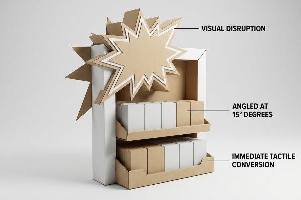 Cardboard retail display featuring a 3D die-cut starburst for Visual Disruption, 15-degree angled shelves, and a cut lip for Tactile Conversion.