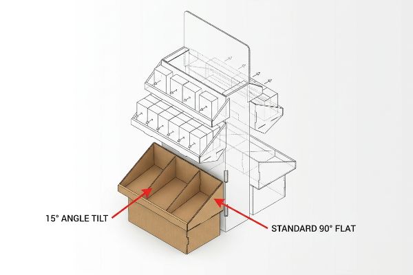 A brown corrugated cardboard display tray illustrates the 15° Angle Tilt for bottom shelves, contrasting with the Standard 90° Flat position for improved product visibility.
