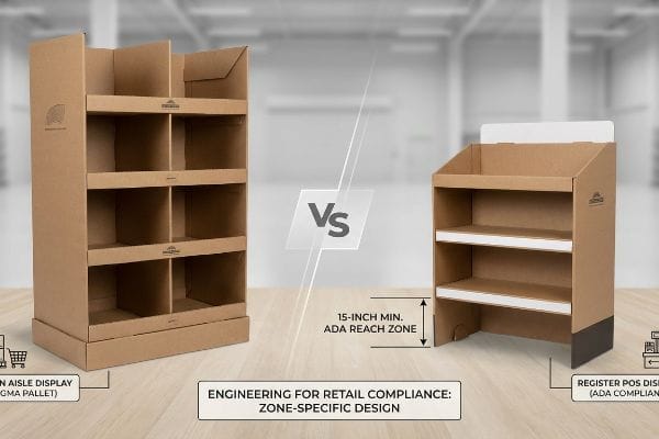 Corrugated cardboard displays: Main Aisle (GMA Pallet) vs. ADA Compliant Register POS, highlighting 15-inch Min. ADA Reach Zone.
