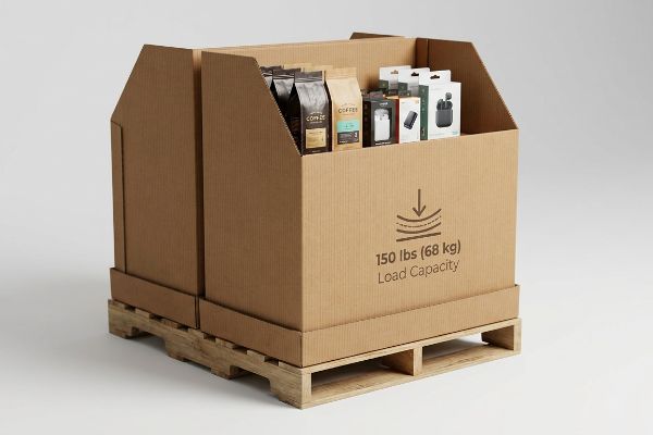 Brown corrugated open-top display bin on a wooden pallet, filled with coffee bags and electronics, showing 150 lbs (68 kg) Load Capacity.