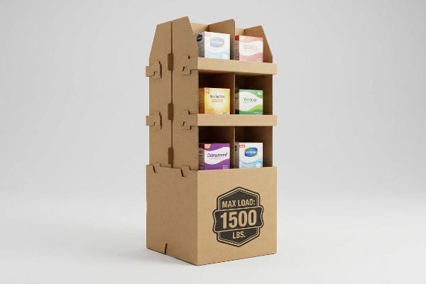 A multi-tiered brown corrugated cardboard standing display, designed for retail, holds various product boxes and prominently displays a 