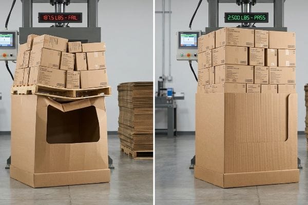 Corrugated display compression test: one fails at 187.5 Lbs, base collapsed; another passes at 2,500 Lbs, showing club store load capacity.