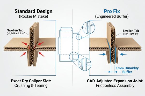 Corrugated cardboard comparison: Standard Design swollen tab crushing dry caliper slot vs. Pro Fix 1mm humidity buffer frictionless assembly.