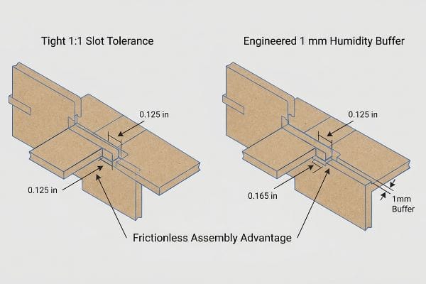 Les schémas de joints en carton comparent la tolérance de fente serrée 1:1 (0,125 po) avec le tampon d'humidité conçu de 1 mm (0,165 po) pour un assemblage sans frottement.