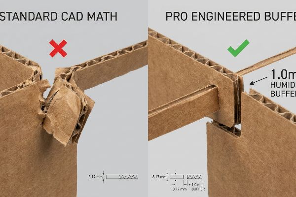 Corrugated cardboard joints show Standard Cad Math's torn fit vs. Pro Engineered Buffer's precise 1.0mm Humidity Buffer, with 3.17mm board.