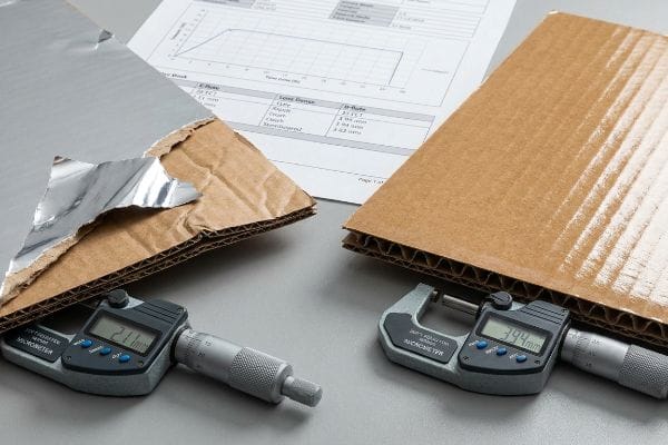 Cartón ondulado laminado con lámina (2,11 mm) y cartón ondulado liso (3,94 mm) medido con micrómetros, que muestra las especificaciones de la ranura E/ranura B.