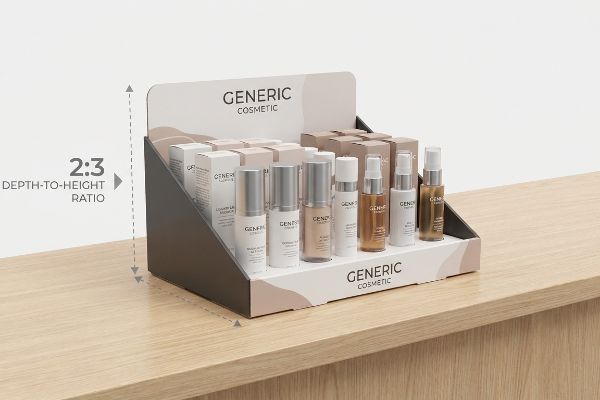 Dark grey and beige countertop PDQ display for Generic Cosmetic serums and sprays, illustrating the 2:3 Depth-to-Height Ratio.