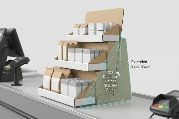 Présentoir de comptoir à plusieurs niveaux en carton avec un rapport profondeur/hauteur de 2:3 et un support chevalet allongé à l'arrière.