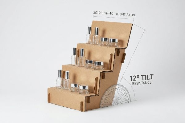 Brown cardboard tiered POS display showcasing glass cosmetic bottles and jars, with annotations highlighting the 2:3 Depth-To-Height Ratio and 12-Degree Tilt Resistance.