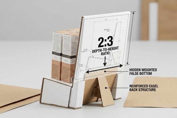 Cardboard counter merchandiser with diagram: 2:3 Depth-to-Height Ratio, Hidden Weighted False Bottom, Reinforced Easel Back Structure.