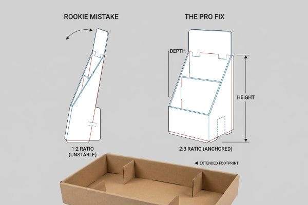 初心者が犯しがちな間違い 1:2 不安定なカウンタートップディスプレイと、プロの解決策 2:3 アンカー固定による奥行き対高さ比を示した図。設置面積の拡大も示されています。.