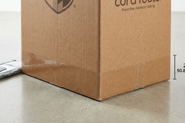 Corrugated box base with 'cord roots Protective Aqueous coating' and 2-inch (50.8 mm) mop zone for moisture defense.