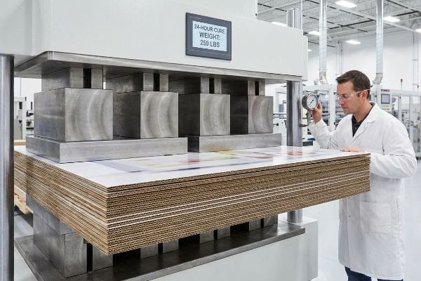 Man in lab coat inspecting corrugated display boards under an industrial press with a 24-Hour Cure Weight: 250 Lbs display.
