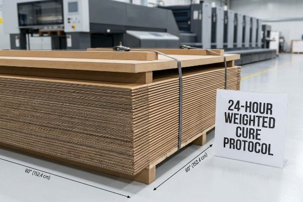 Brown corrugated sheets on a pallet, weighted for 24-Hour Weighted Cure Protocol, preventing warping in display manufacturing, 60-inch.