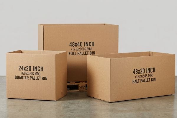 Three empty corrugated cardboard pallet bins: a 24x20 Inch Quarter Pallet Bin, a 48x40 Inch Full Pallet Bin, and a 48x20 Inch Half Pallet Bin.