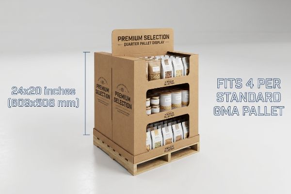 Braunes Viertelpaletten-Display aus Wellpappe, 24x20 Zoll, mit Premium Selection Produkten, passt 4 Stück pro Standard GMA Palette.