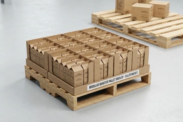 A kraft cardboard Modular Quarter Pallet Display, 24x20 Inches, filled with numerous small brown product cases, positioned on a wooden pallet.