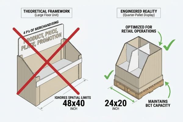 Retail Display Optimization Theoretical 48x40 inch floor unit with '4 P's of Merchandising' rejected, contrasted with optimized 24x20 inch engineered quarter-pallet display for retail BCT.