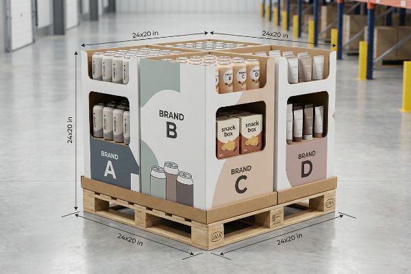 A corrugated quarter pallet display, measuring 24x20 inches, features four brand sections (A, B, C, D) on a GMA pallet, showcasing various products.
