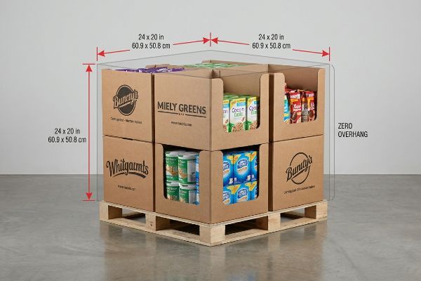 Four 24x20 inch quarter pallet displays by Bunny's, Miely Greens, Whitgaumts, with zero overhang on a wooden pallet.