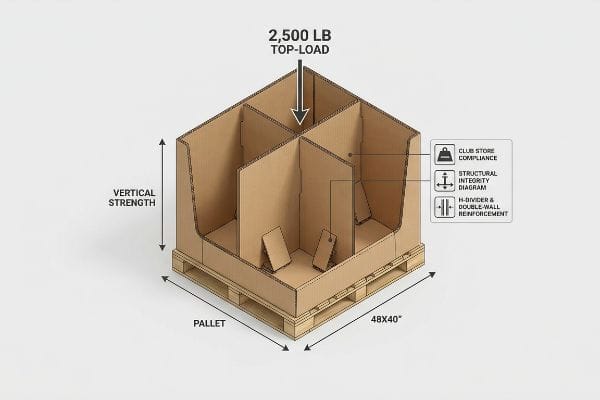 Corrugated display on 48x40-inch pallet, showing 2,500 Lb Top-Load, Vertical Strength, H-Divider, Double-Wall Reinforcement.