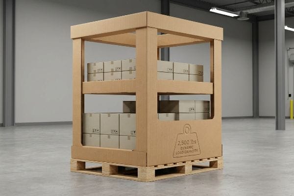 Corrugated cardboard multi-tiered pallet display on a wooden pallet, showing