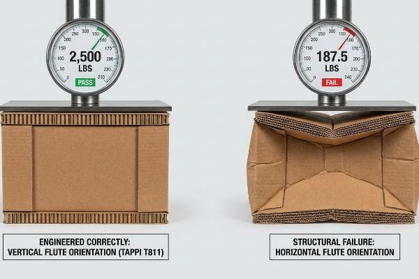 Two corrugated boxes demonstrate compression strength: one with Vertical Flute Orientation (TAPPI T811) passes 2,500 LBS, the other with Horizontal Flute Orientation fails at 187.5 LBS.