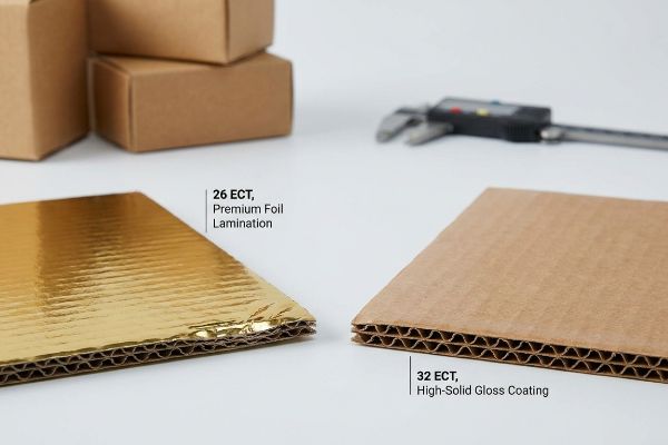26 ECT premium foil laminated gold board beside 32 ECT high-solid gloss coated brown board, comparing finishes.