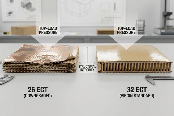 Crushed 26 ECT Downgraded corrugated board next to a stable 32 ECT Virgin Standard, highlighting Top-Load Pressure and Structural Integrity.