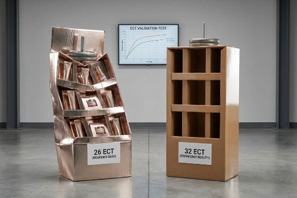 Rose gold 26 ECT (Weakened Base) cosmetic display crushed, contrasting with a stable 32 ECT (Engineered Reality) corrugated unit.