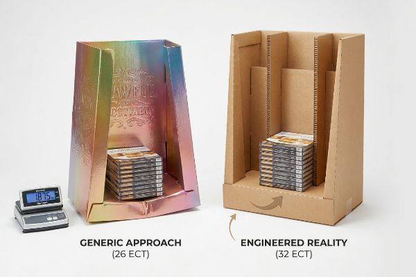 Holographic 26 ECT retail display with 187.5 lbs scale next to a 32 ECT engineered corrugated display, contrasting generic and optimized structural integrity.