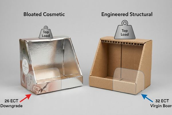 Silver Bloated Cosmetic 26 ECT Downgrade display box bows under Top Load, contrasting with a stable brown 32 ECT Virgin Board Engineered Structural display.