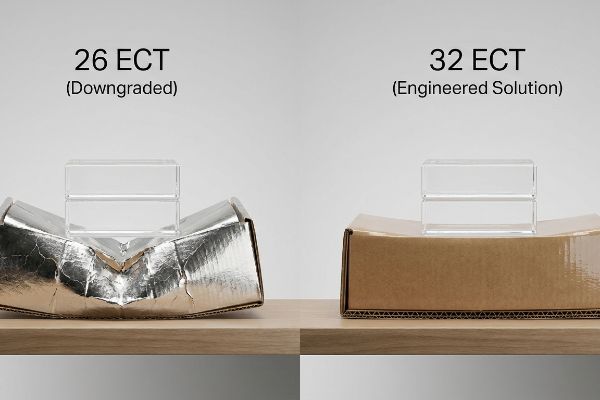 Silver-foiled 26 ECT (Downgraded) corrugated box crushed by clear weights, contrasting with a stable 32 ECT (Engineered Solution) brown box.