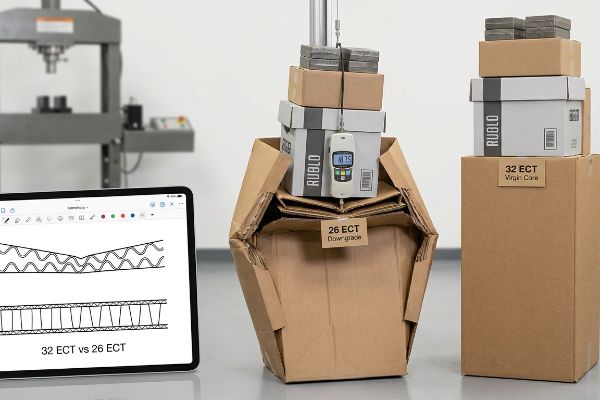 Collapsed 26 ECT Downgrade corrugated box with a Rublo gauge displaying 187.5, beside a stable 32 ECT Virgin Core stack and a tablet showing