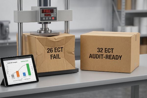A compression testing machine shows a 26 ECT Fail box ruptured at 145.2 lbs, alongside a pristine 32 ECT Audit-Ready box. A tablet displays a chart comparing Cosmetic ECT Downgrade.