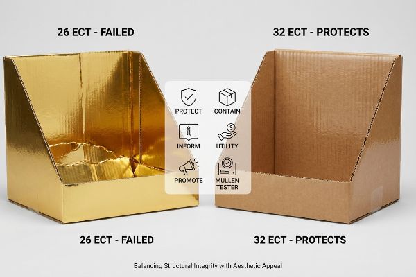 A collapsed gold foil 26 ECT corrugated display box next to a sturdy brown 32 ECT box, demonstrating structural integrity, with Mullen Tester icons.