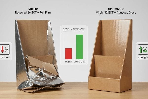 A broken Recycled 26 ECT + Foil Film display stands beside a sturdy Virgin 32 ECT + Aqueous Gloss POP display, illustrating Cost vs. Strength.